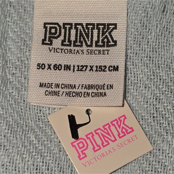 Pink Victoria's Secret Light Blue Fringed Shawl Throw Blanket Wrap 50 X 60 New - Picture 6 of 6